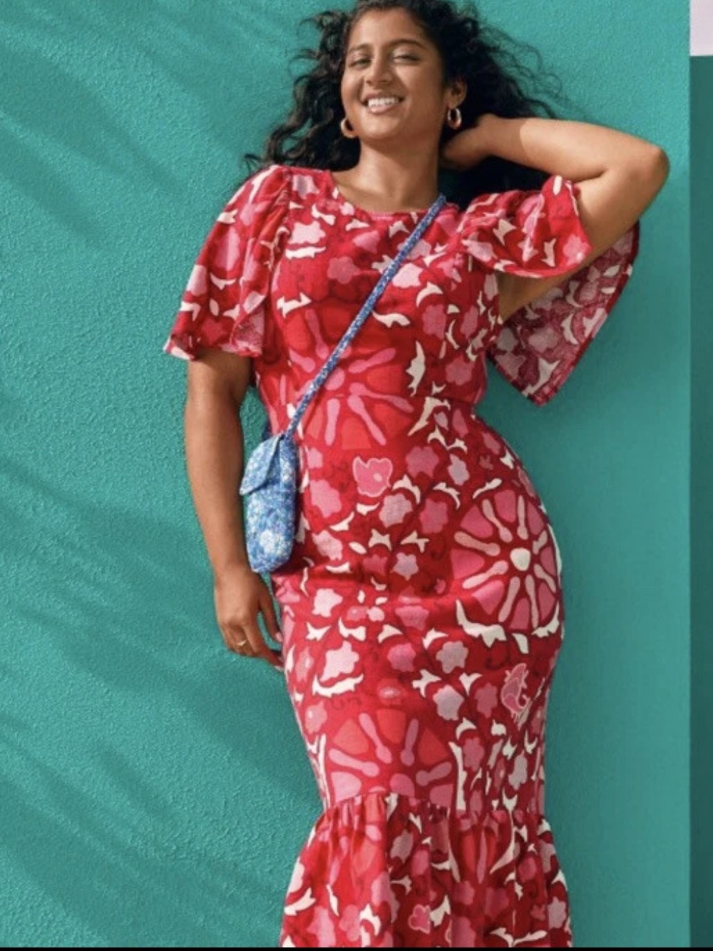 RHODE x Target Red Zinnia Floral Print Flutter-Sleeve Midi Dress NWT